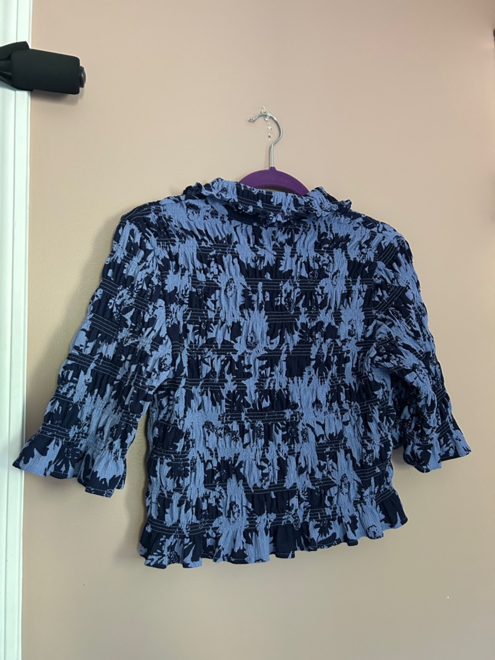 Anthropologie Maeve Smocked Ruffle Button-Front Top Blue Abstract Print  Size M - Picture 4 of 14